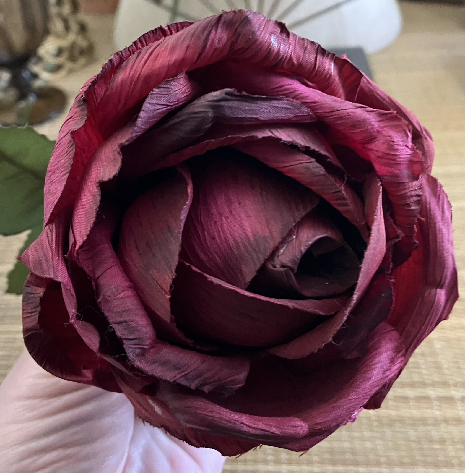 Vintage French 90’s Artificial Dark Red Cabbage ROSE Flower w/ Leaves, Long Stem