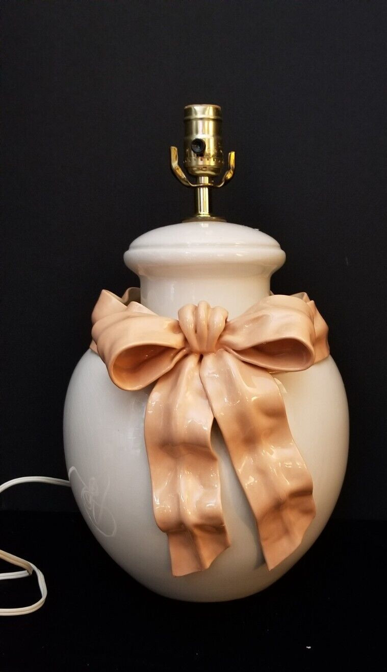 Betlar Inc, Bedroom Lamp, Ribbon Peach, Bow, Cream. Made in USA.