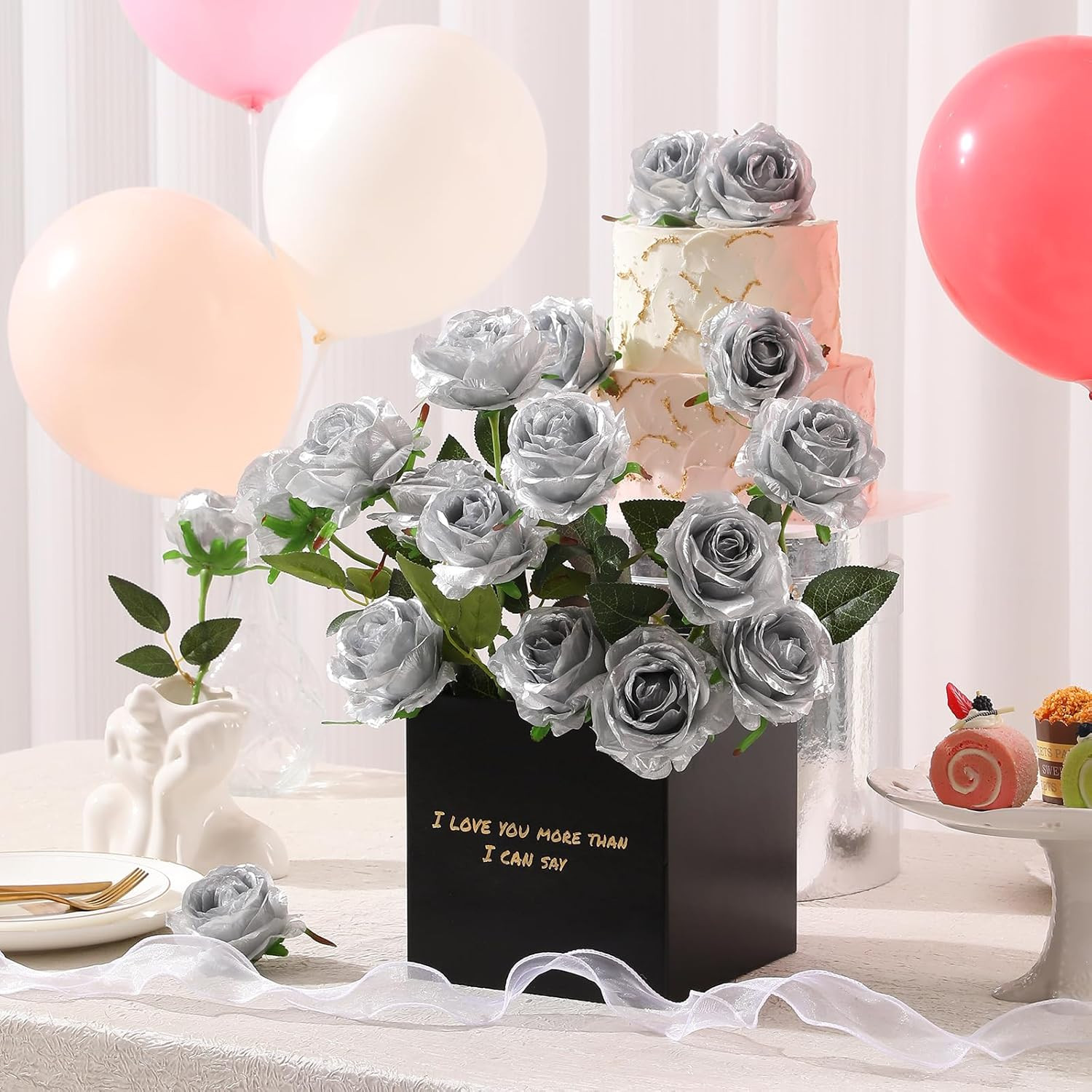 Silver Roses Artificial Flowers -12Pcs Realistic Single Long Stem Fake Silk Rose