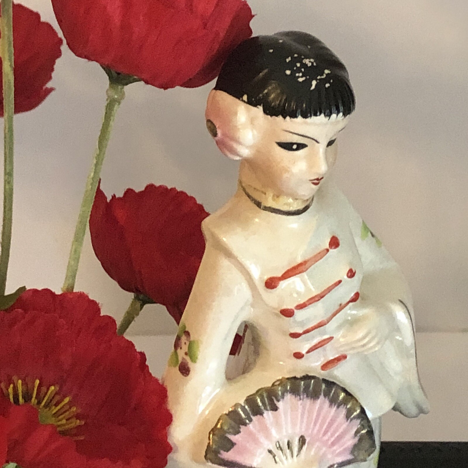 OOAK Asian Art Assemblage Geisha Garden Diorama Faux Poppies Home Decor