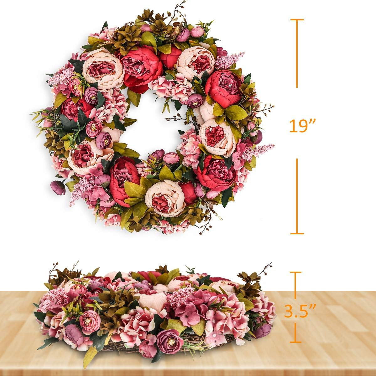 Artificial Peony Flower Wreath 19Inch Vintage Blooming Silk Peonies Spring Summe