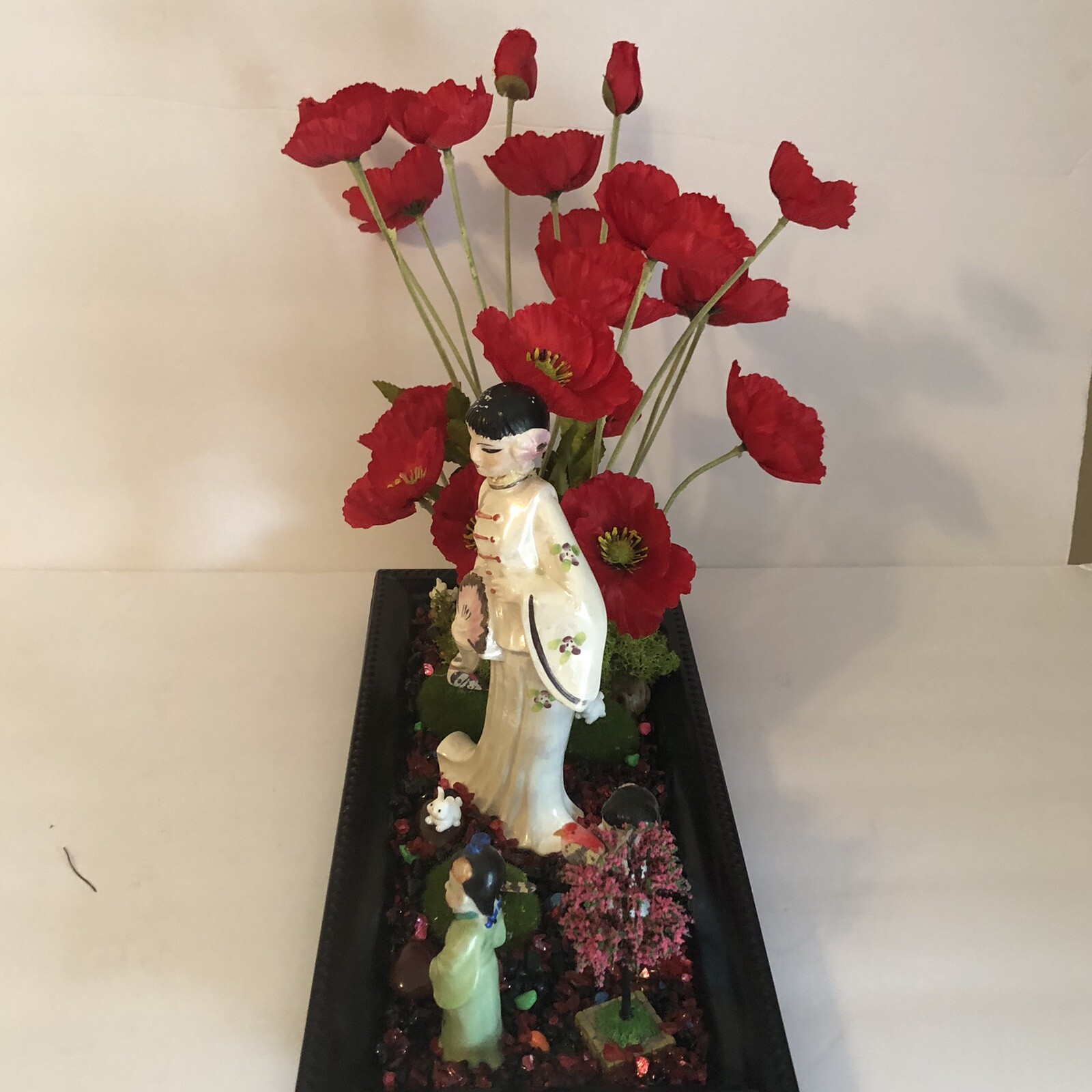OOAK Asian Art Assemblage Geisha Garden Diorama Faux Poppies Home Decor