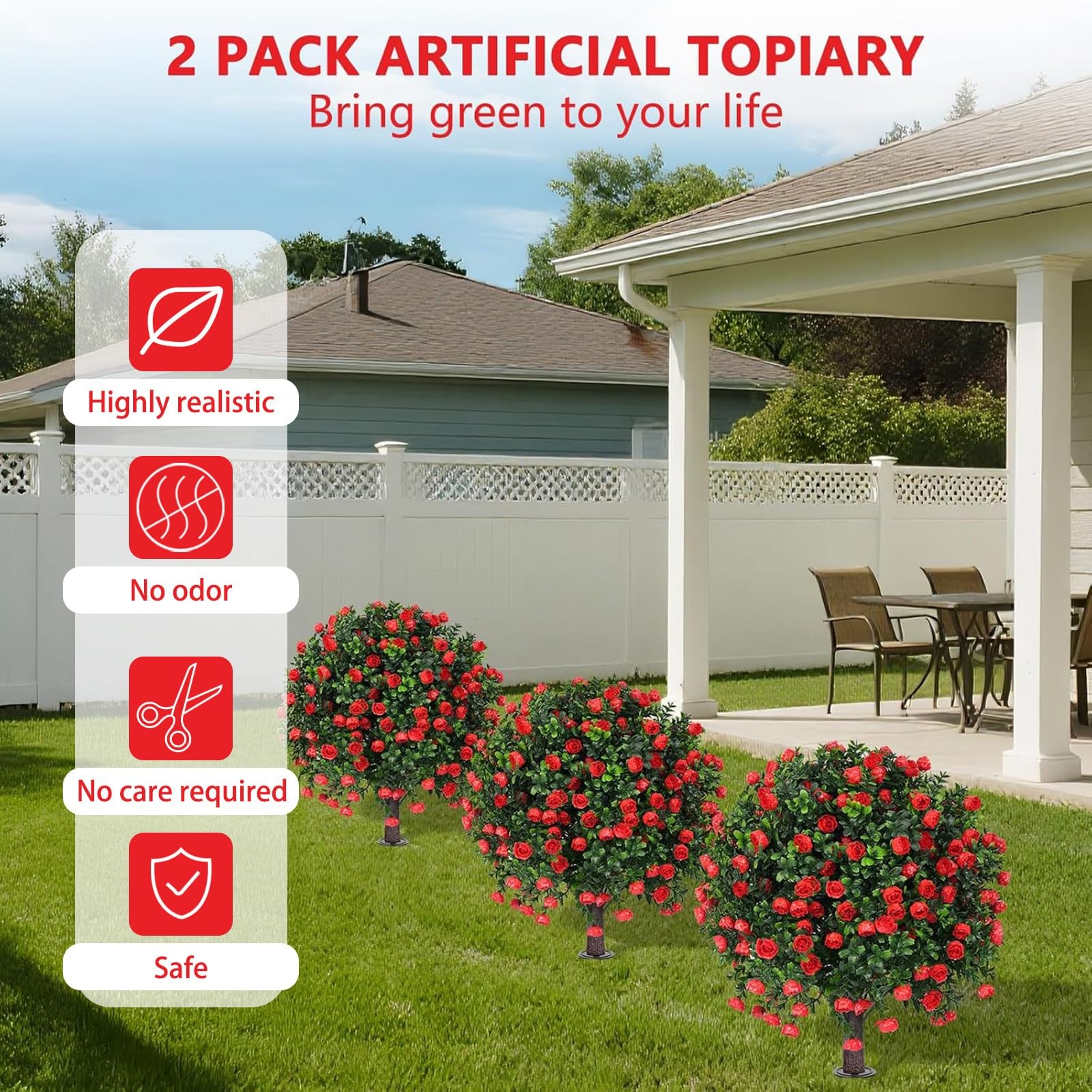 Yangrass Artificial Rose Topiary Ball Trees with Ground Spike, 2 Pack 16 Inch…