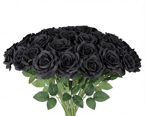 Bulk Black Silk Roses – 4″ Artificial Faux Flowers with Stems for Wedding Decor,