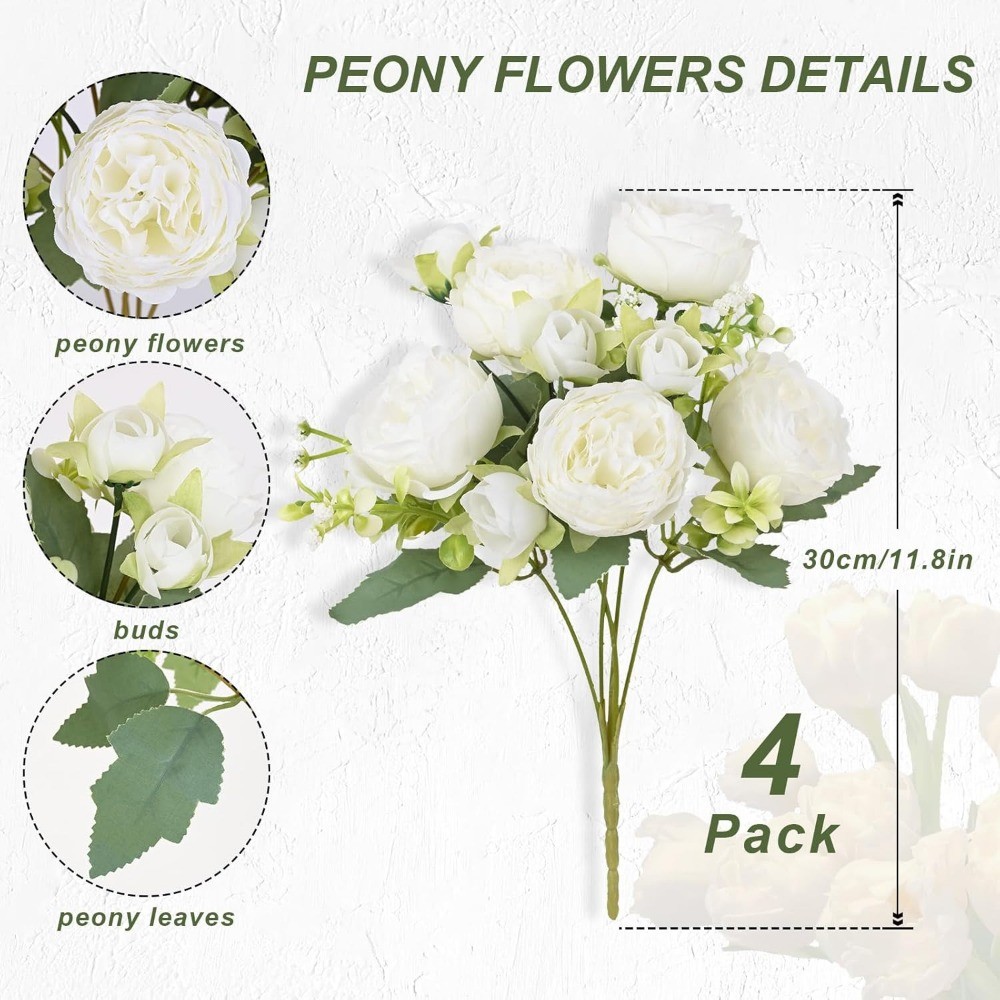 4Pcs Silk Peonies Artificial Flowers 36 Heads Bulk Peony Bouquet Wedding Decor