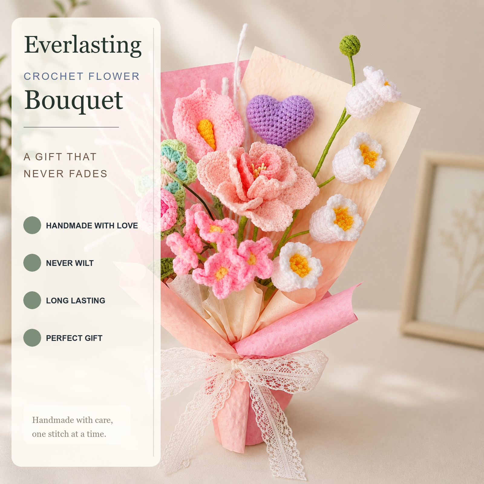 Pink Purple Crochet Flower Bouquet Birthday Gift for Her