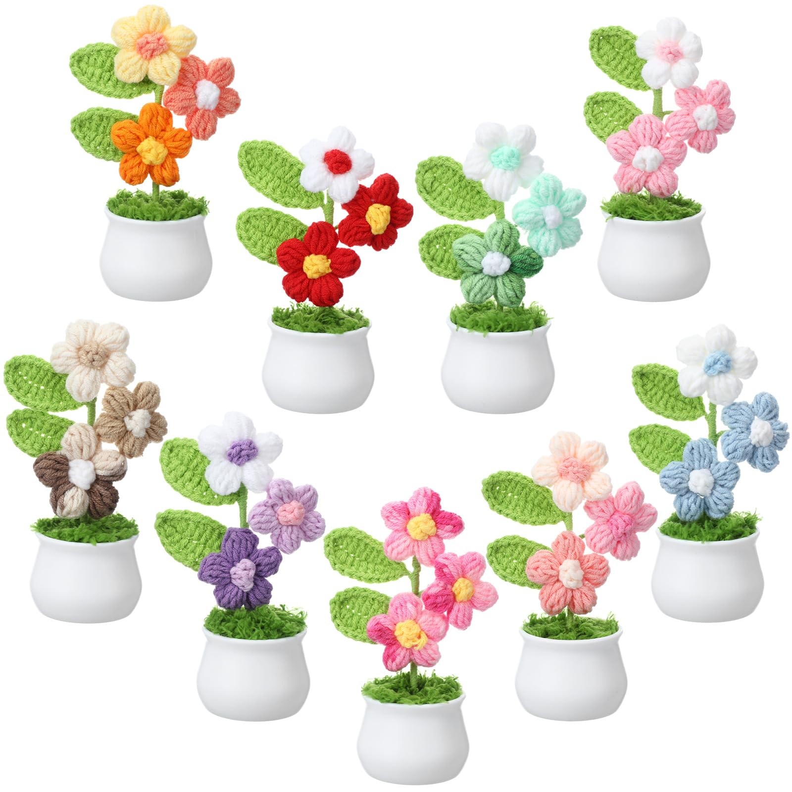 9 Pack Crochet Flower Pot Bulk, Crochet Puff Flowers, Small Potted Plant Bouq…