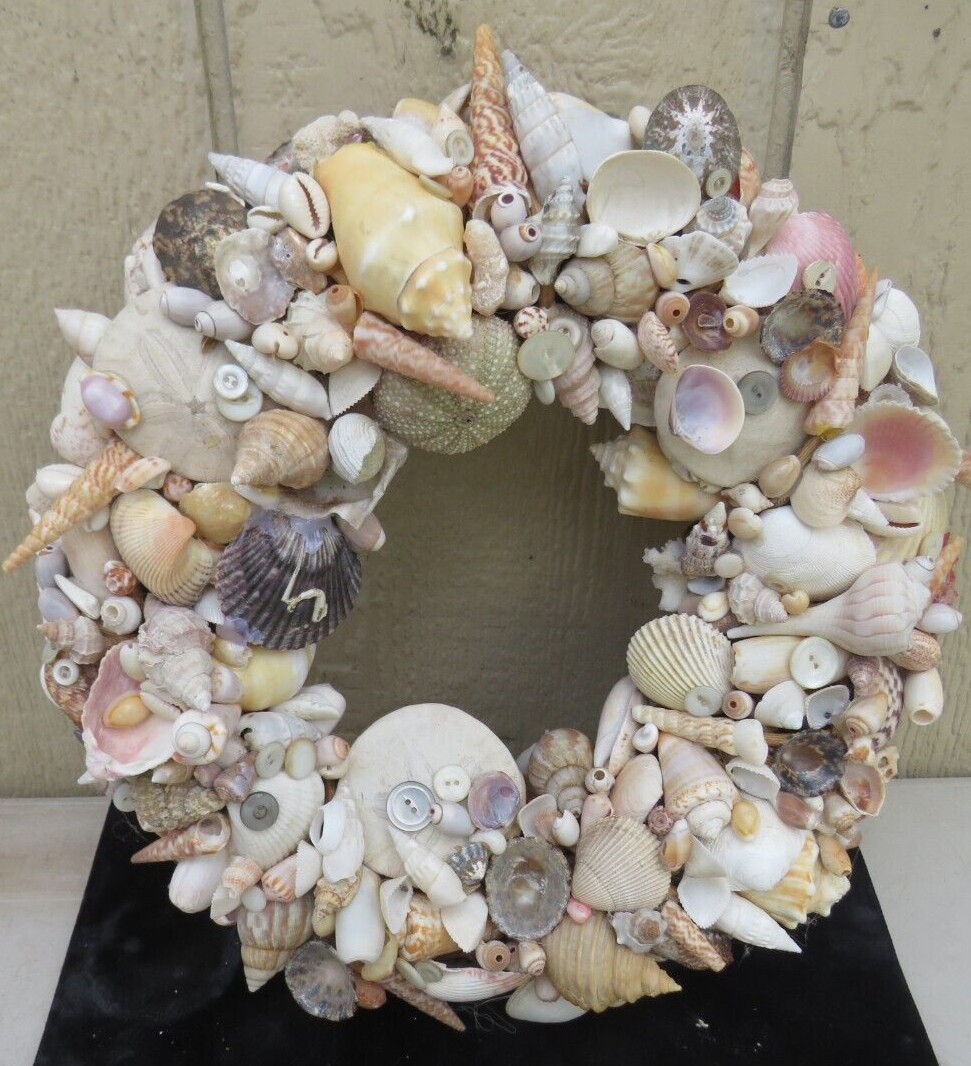 LARGE NATURAL HANDCRAFTED SEASHELL WREATH 14″ BEACH SEASHORE COASTAL DECOR