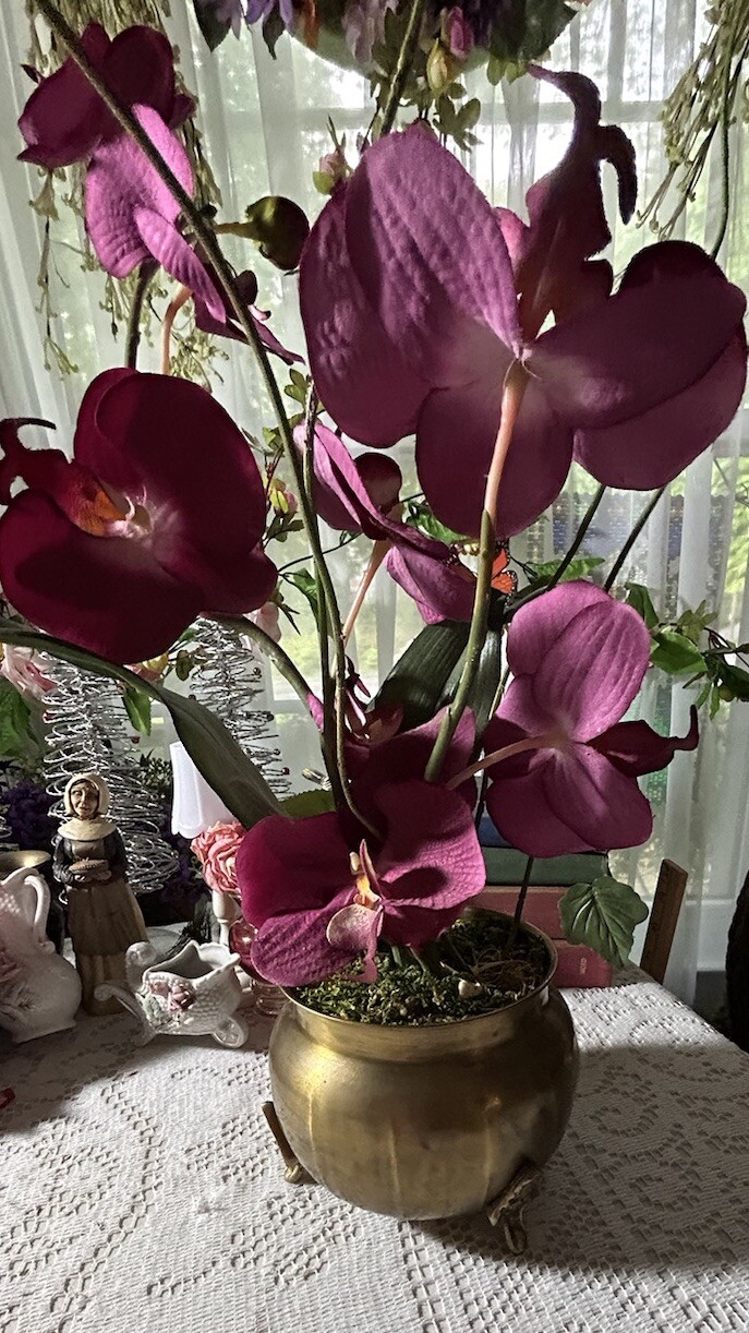 Artificial Orchids In Brass Urn With 3 Feet 20” Tall Darker Colors Due To Light