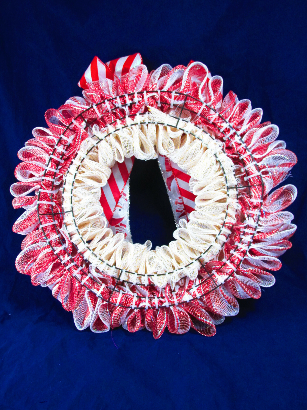 Red and White Poof Deco Mesh Christmas Ribbon Wreath