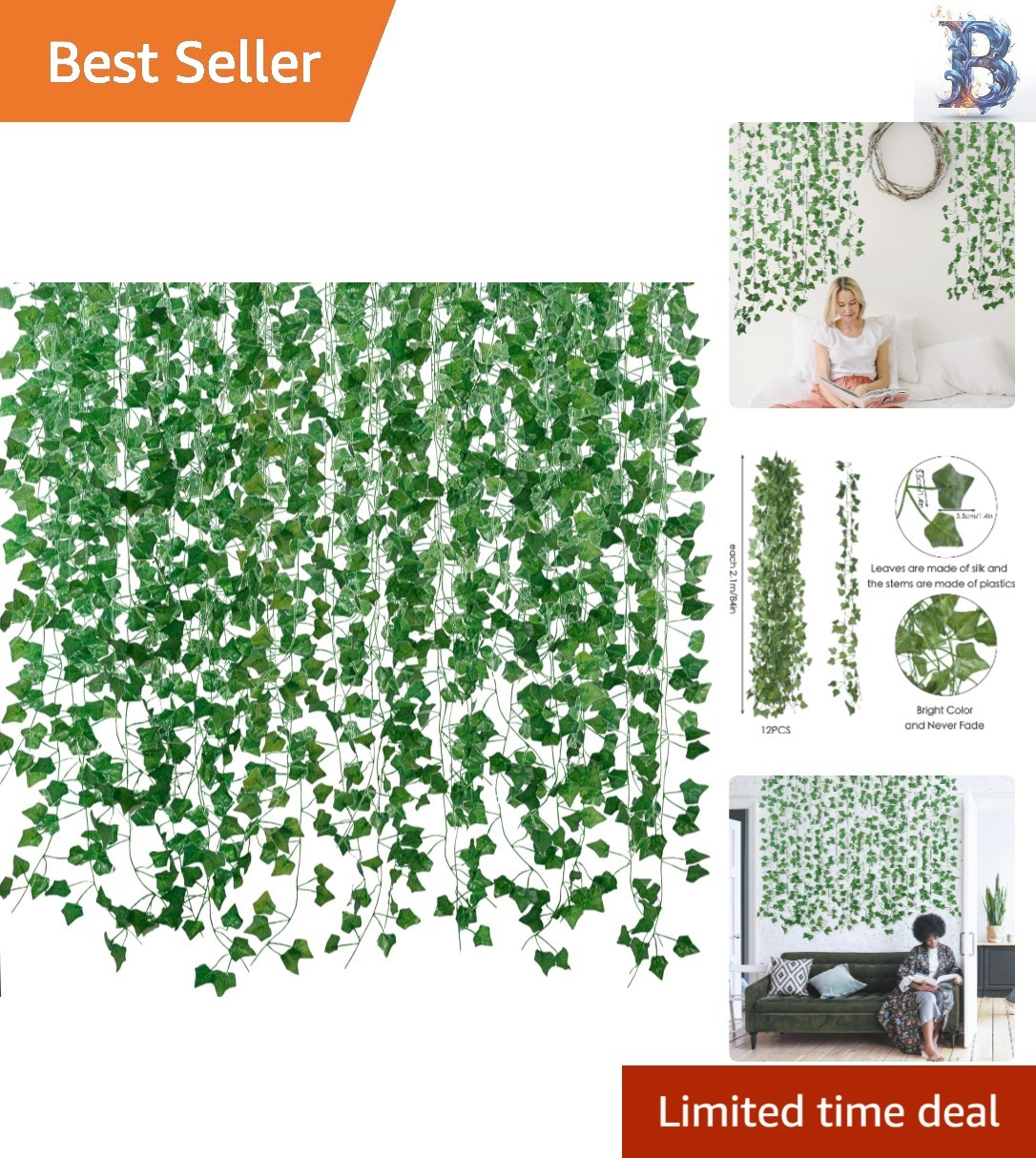 Artificial Ivy Leaves Hanging Vines – Enhance Any Room & Occasion, 12 Pack