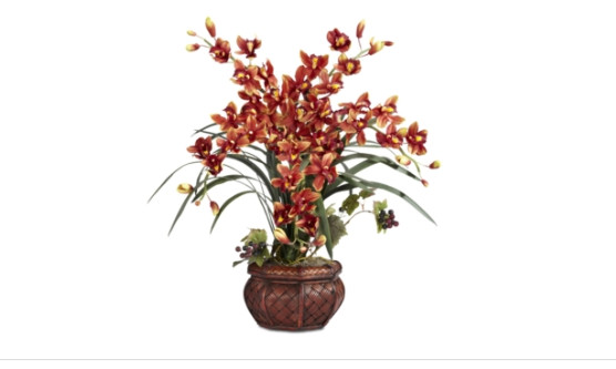 Cymbidium W/Decorative Vase Silk Arrangement Burgundy Floral