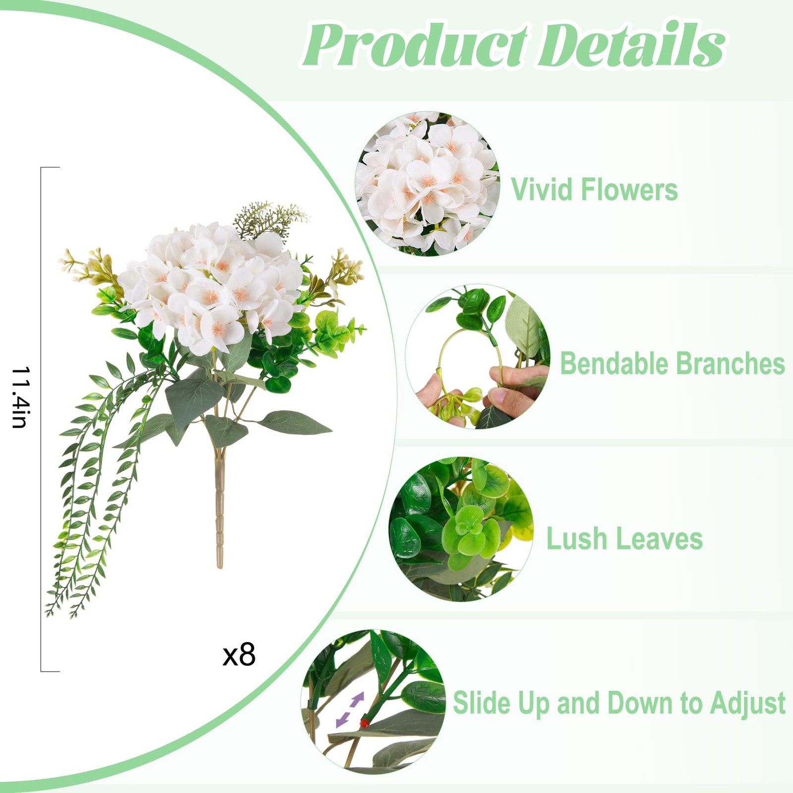 8 Pcs Artificial Hydrangea Flowers Silk White Fake Flower with Eucalyptus for…