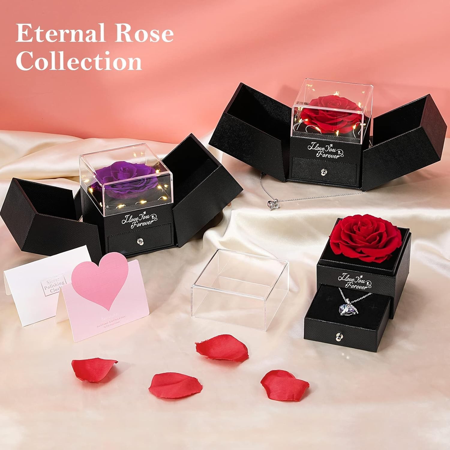 Eternal Flower Rose Box with Heart Necklace Preserved Rose Gifts for Women