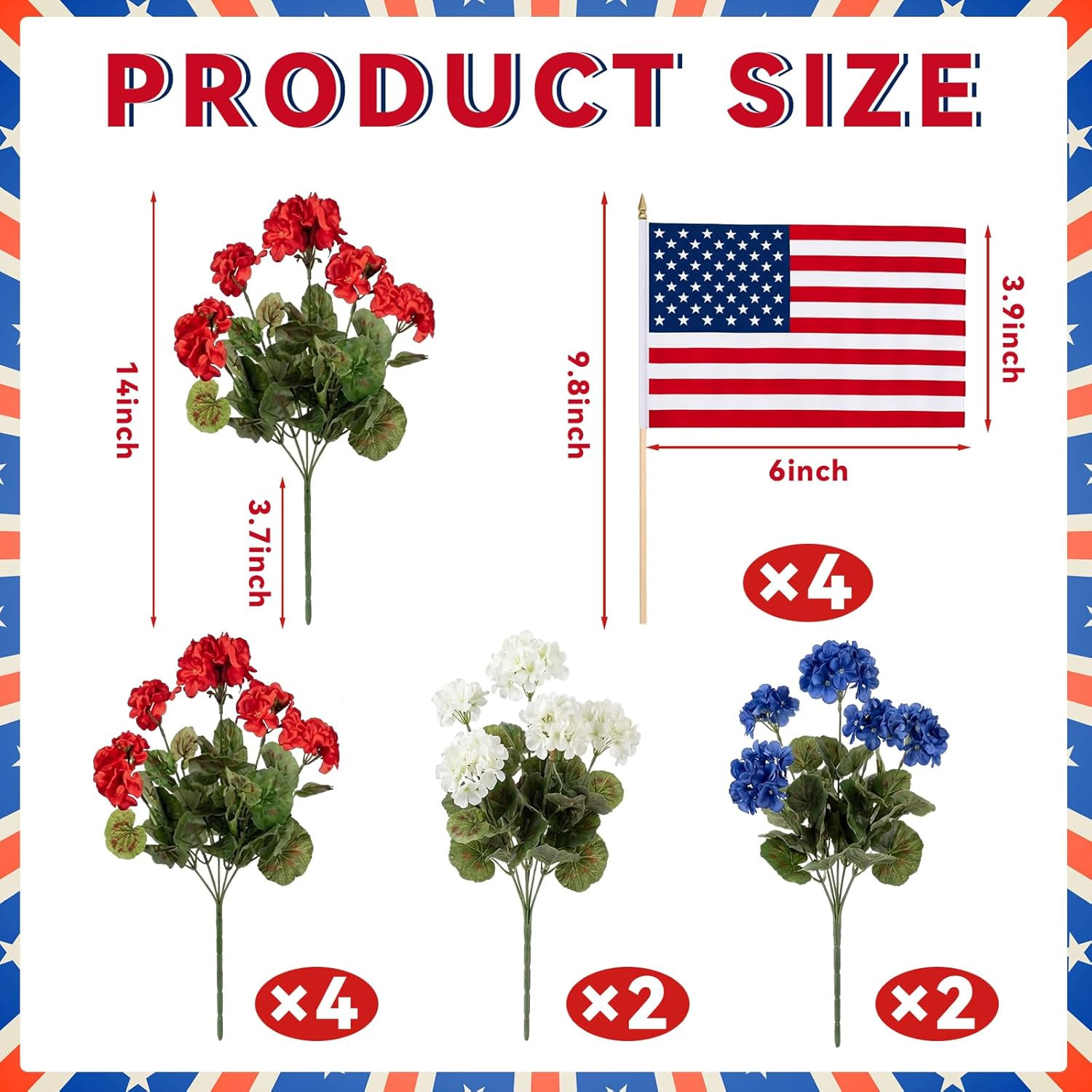 Norme 12 Stems Red White Blue Artificial Flower for Outdoor Porch 4th of July Pa