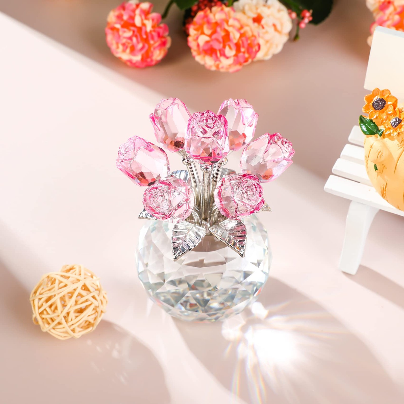 Handmade Crystal Pink Rose Flower Figurine with Round Vase, Rose Gifts for Gi…