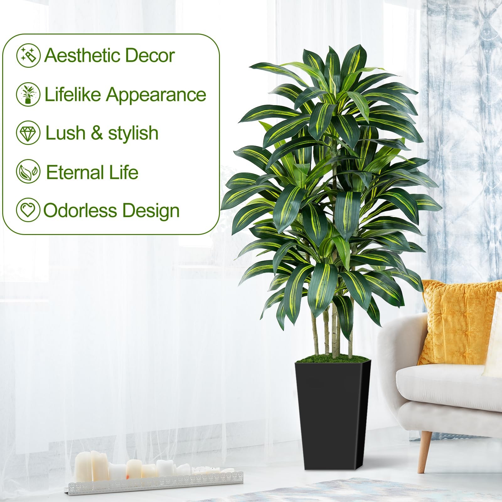 5FT Artificial Dracaena Tree – High-Density Foliage Fake Plant with Black Tal…