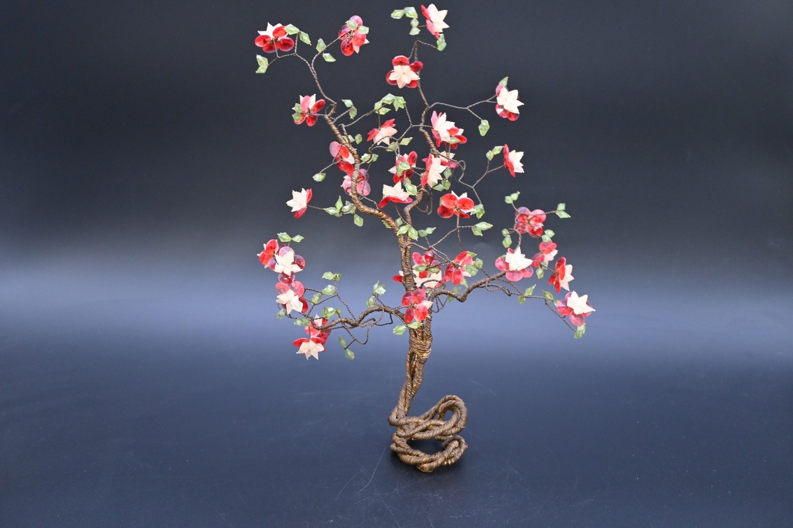 Vintage Decorative Wrapped Copper Wire Bonsai Tree Cherry Blossom Flowers