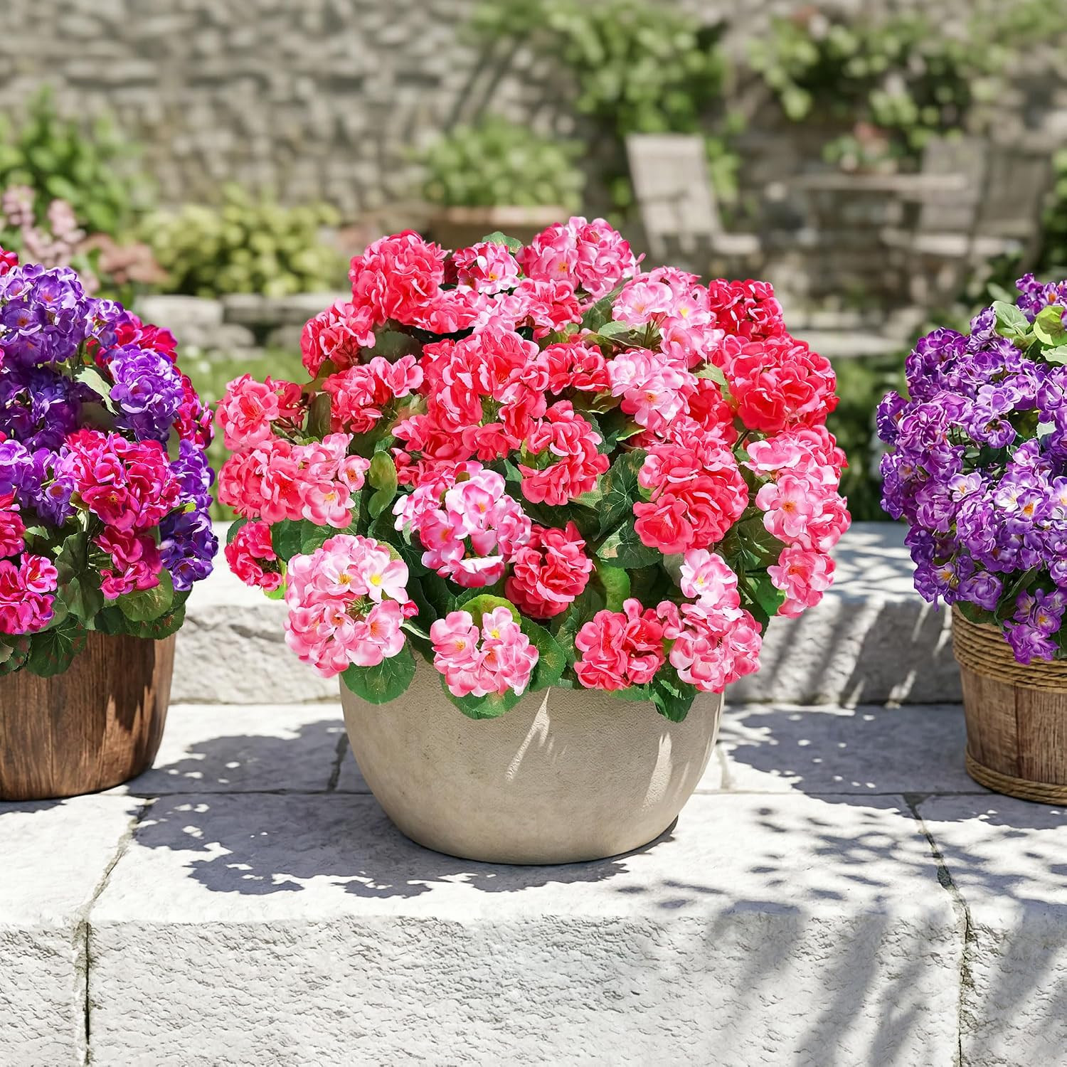 Fake Geraniums Artificial Flowers for Outdoors, 6 Bundles Silk Geraniums Flowers