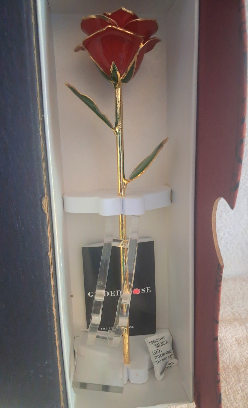 Red Forever Rose. Lacquer With Gold Trim With Stand. In Original Box.