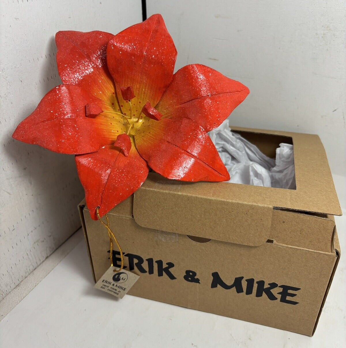Artisian Hand Carved Painted Wood Flower Orange Faux Lily Ornament 7.5″ Tropical