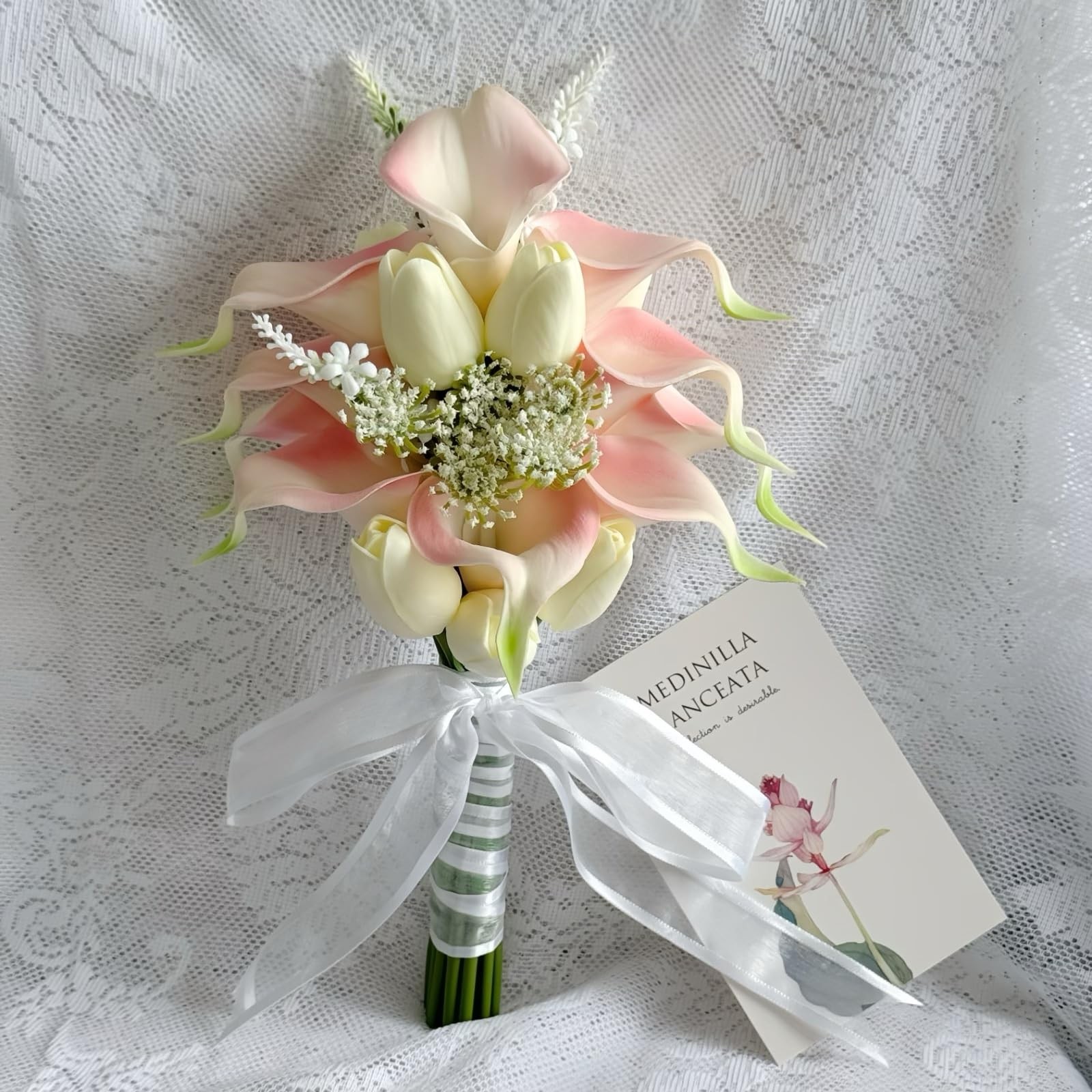 Cream Pink Artificial Calla Lilies Tulip Flowers Bridesmaid Bouquet Set