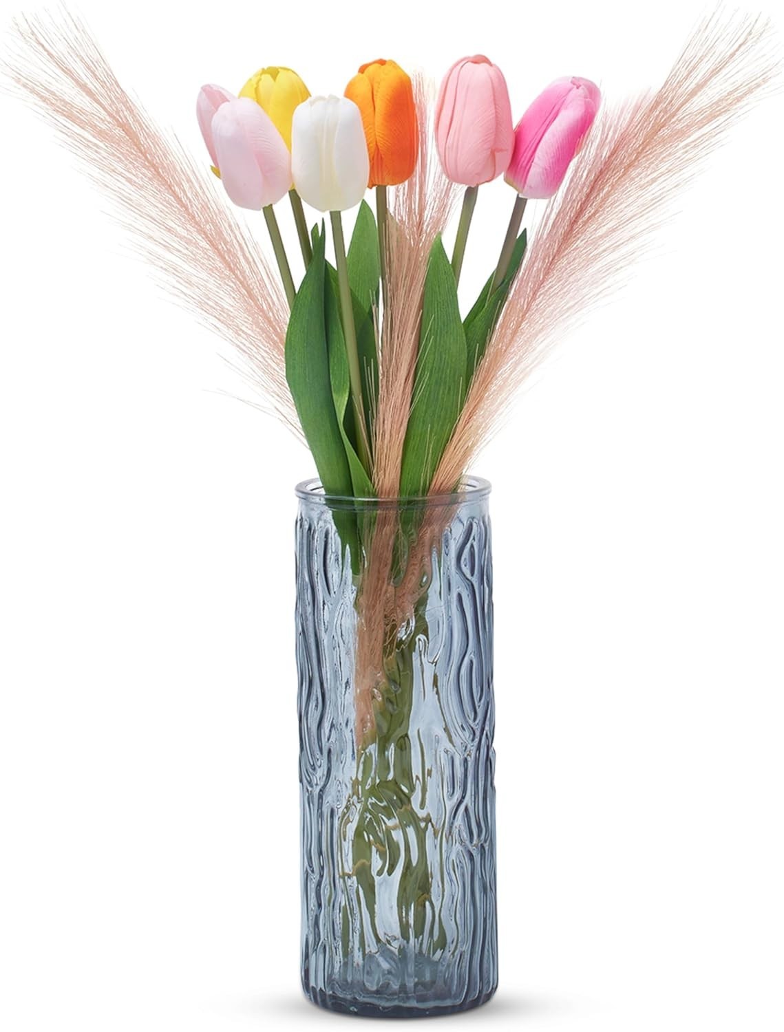 Brite Crown Touch Bloom Tulip Flower and Glass Vase Arrangement Set – 8 Pcs