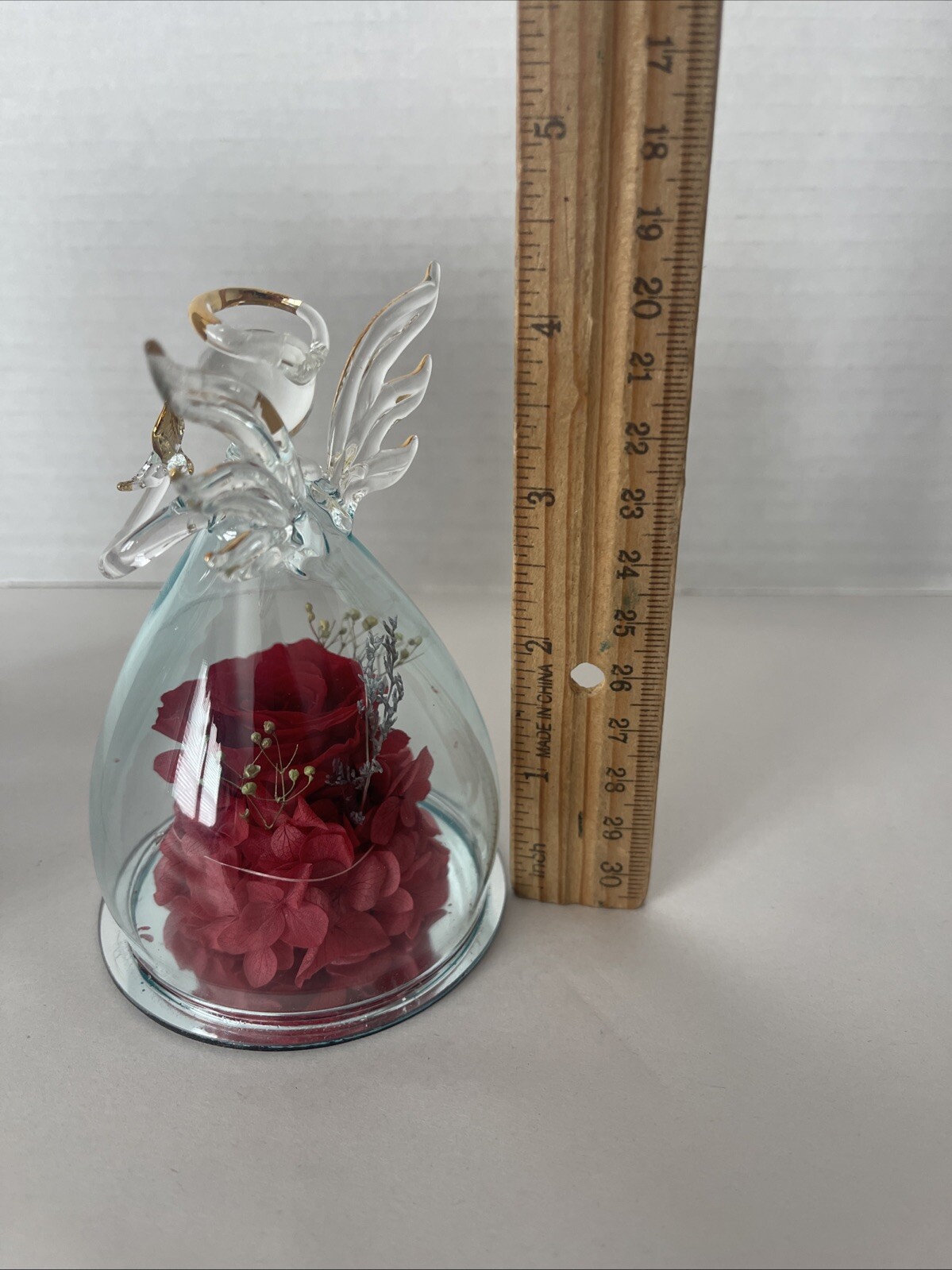 Angel Preserved Rose Real Red Flower Clear Glass Angel Anlunob Gifts 4.25”