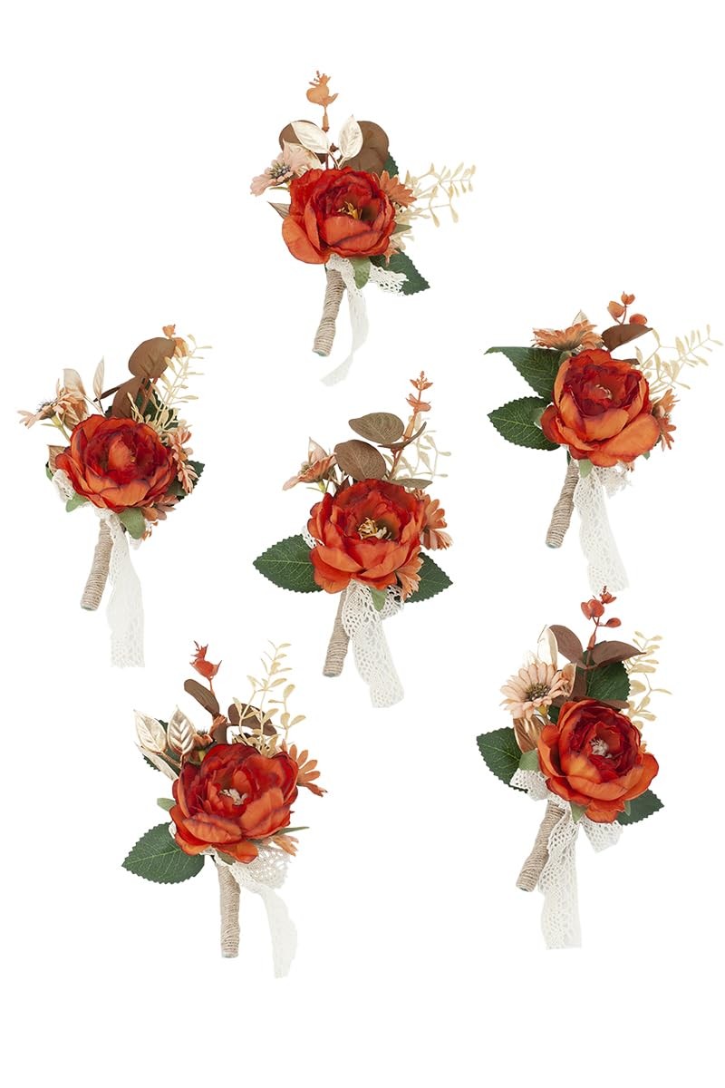 Set of 6 Burnt Orange Boutonniere for Men for Wedding, Groom Groomsmen Bouton…