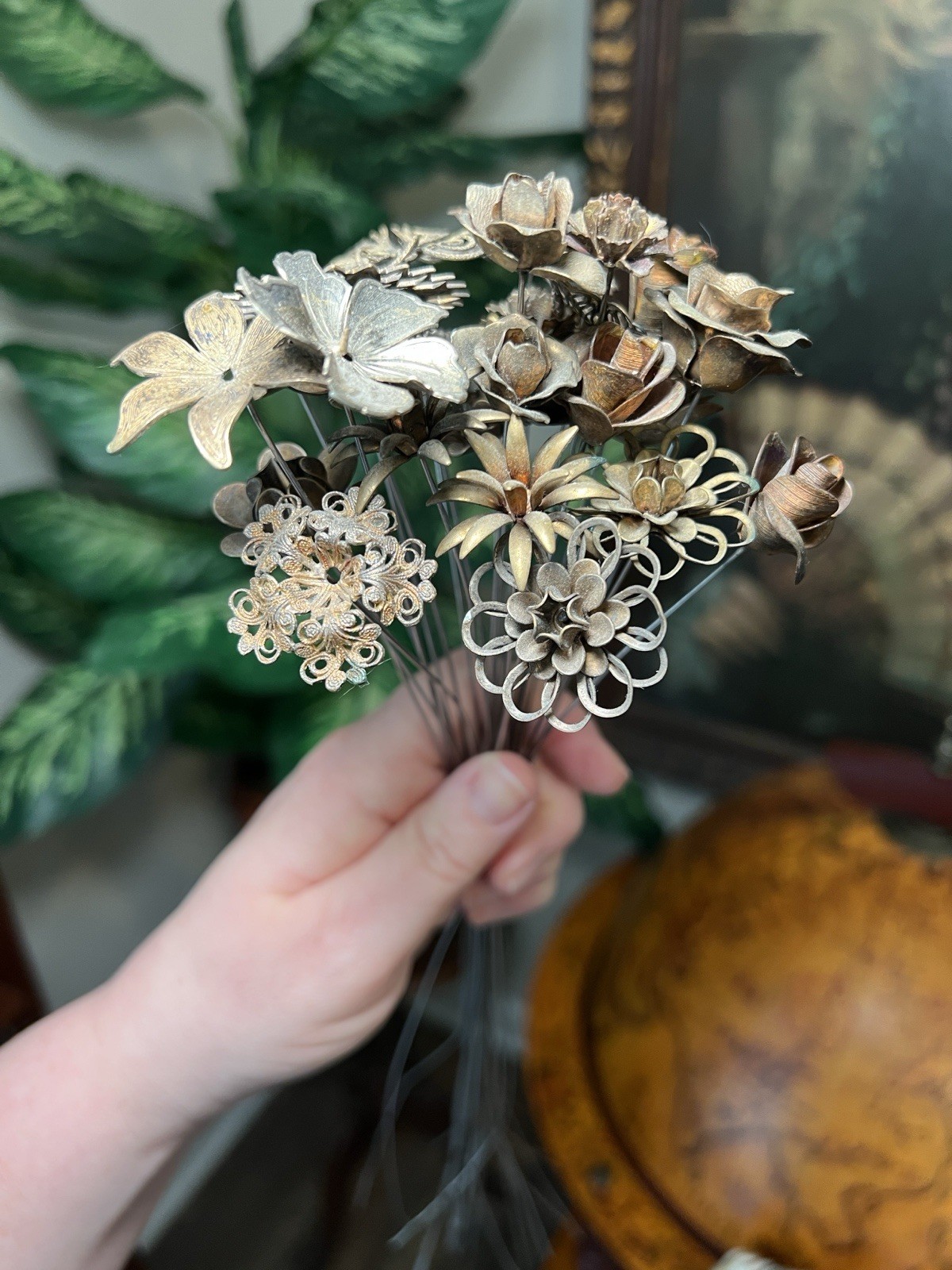 VTG Antique Metal Filigree Openwork Flowers Bouquet Stems Millinery Bridal Craft