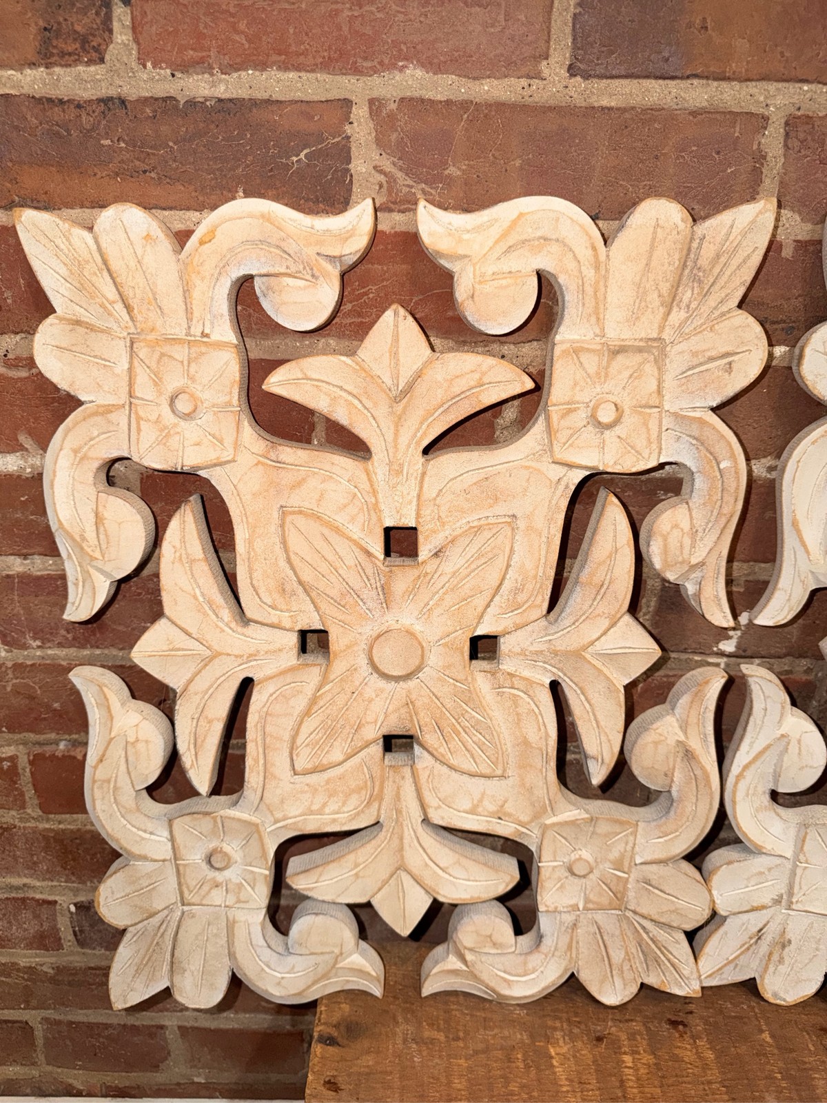 Carved Wood Floral Wall Art Boho White Wash Decor Hanging Aesthetic