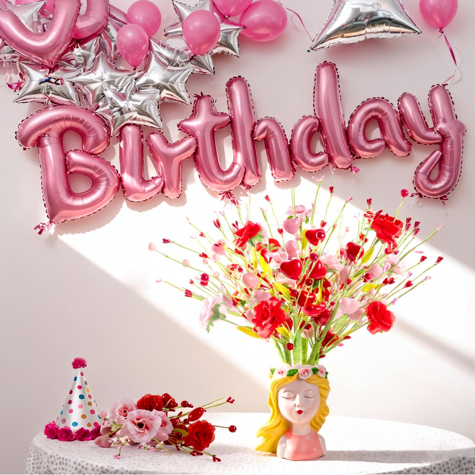Artificial Rose Bouquet Set Pink & Red Fake Flowers Hearts Berries 5 PCS