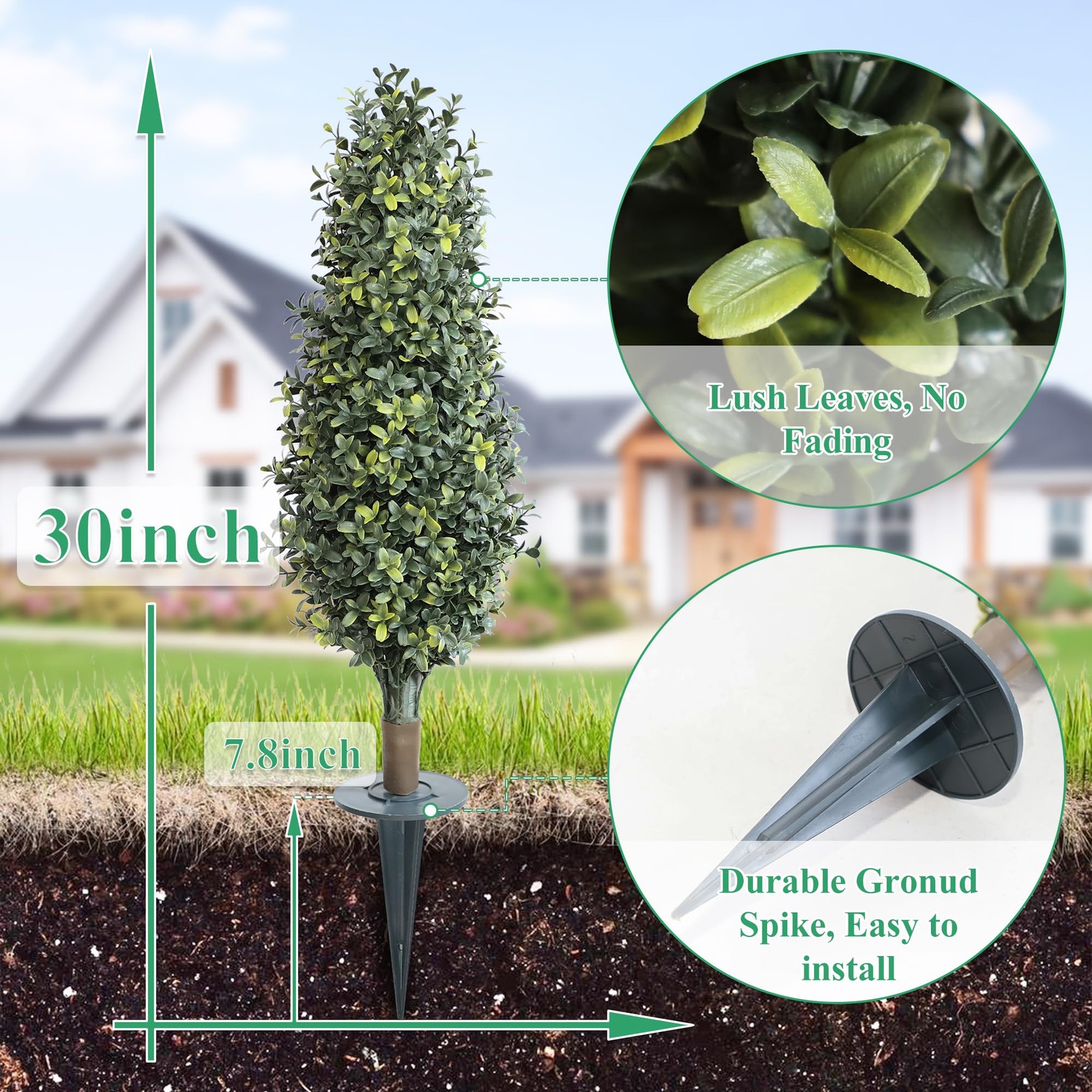 30inch Artificial Boxwood Plant with Ground Spike, Topiary with Stake for Out…