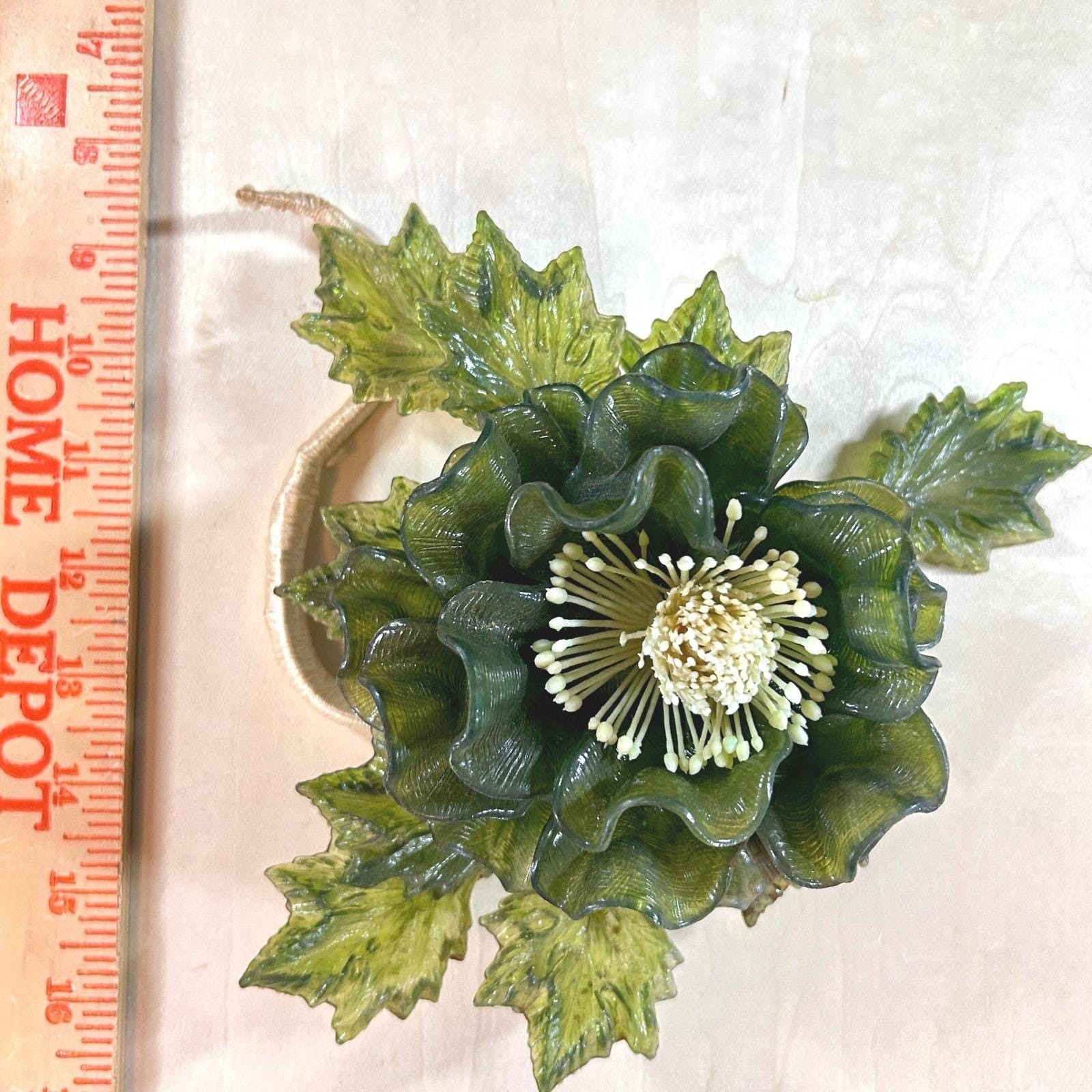Crystalin 1966 Vintage Lucite Resin Flower Sculpture Olive Green MCM