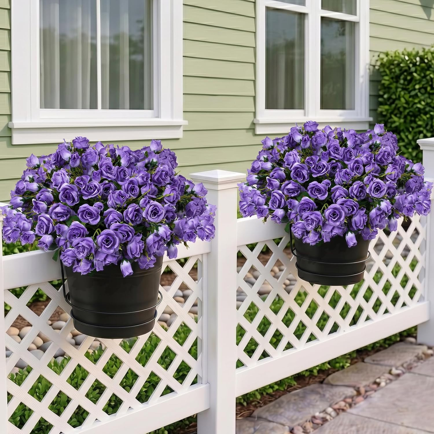 Purple Faux Roses in Pots – 2 Pack UV Resistant Outdoor Decor