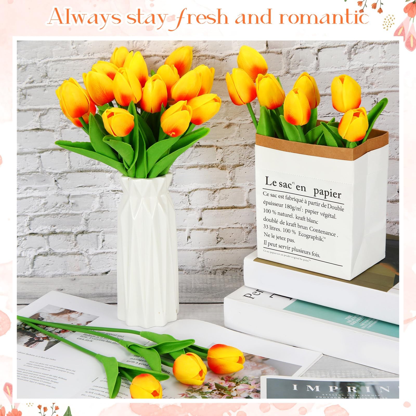 Lyrow 30 Pcs Tulips Artificial Bouquet Flowers Faux Tulips for Home Kitchen W…
