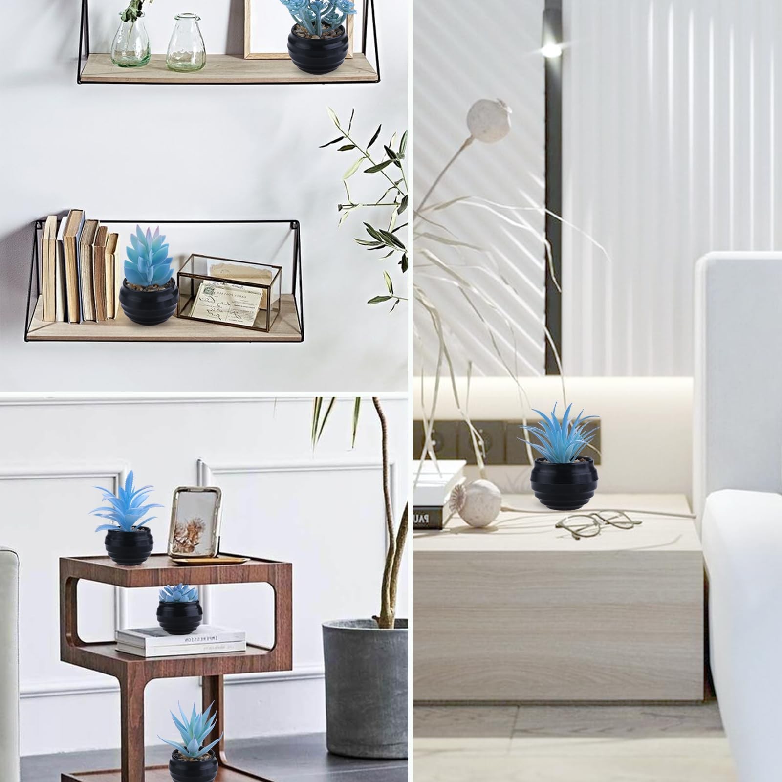 6 Blue Artificial Succulents in Mini Black Pots, Faux Indoor Desk & Home Decor