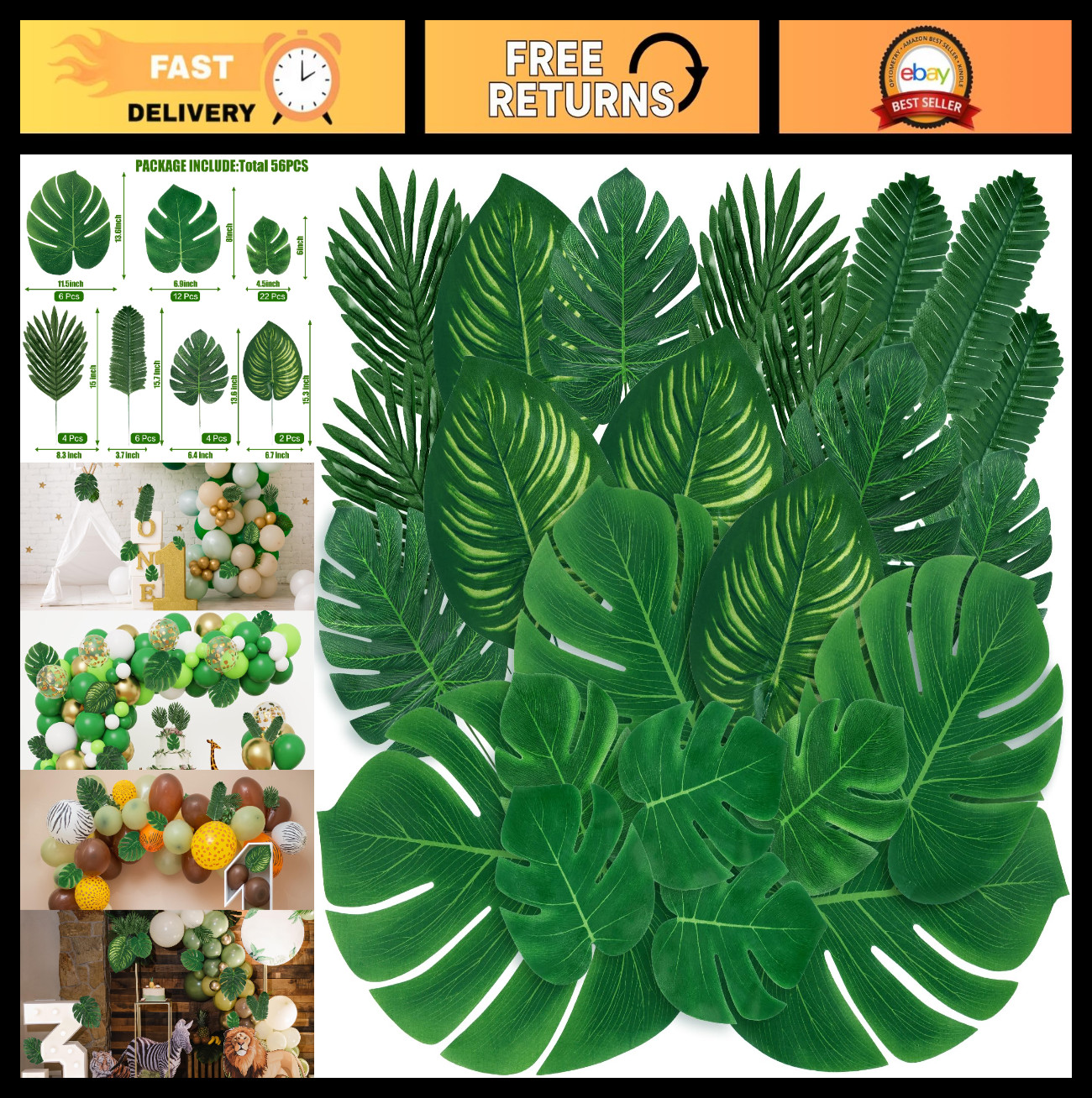 56 Pcs Tropical Palm Leaves Set – Monstera & Jungle Decor for Luau, Beach, Weddi