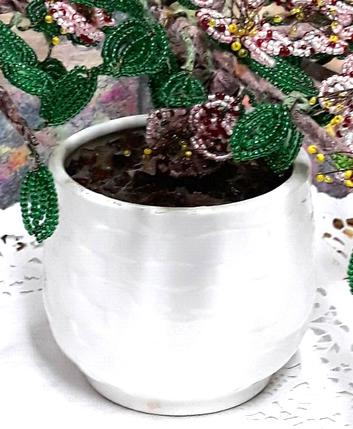 Vintage Crafted Seed Bead Cherry Blossom Bonsai Tree Arrangement in Ceramic Pot