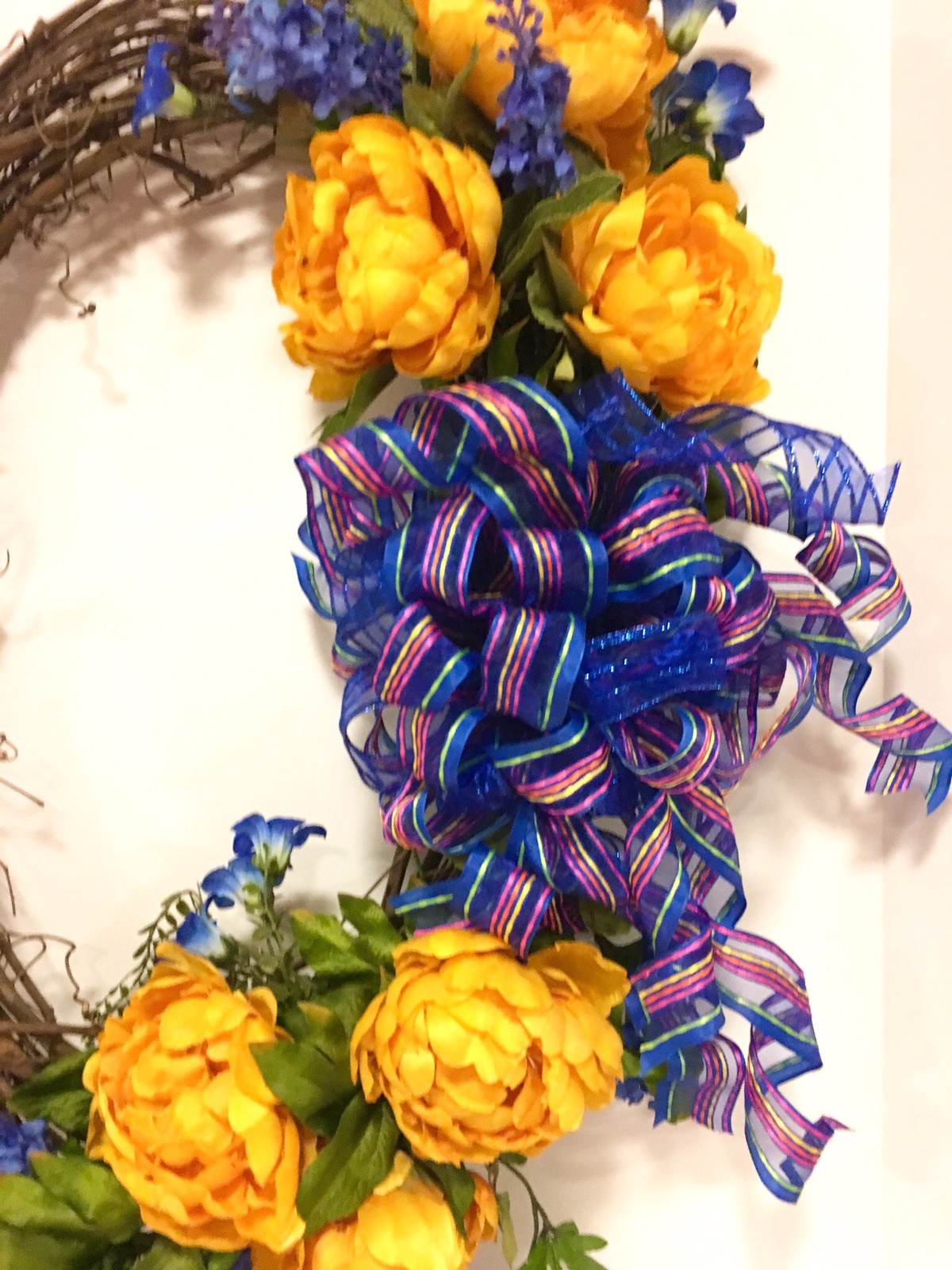 Spring Summer All Season OVAL Floral Wreath Blue Gold Yellow Indoor Outdoor 24”