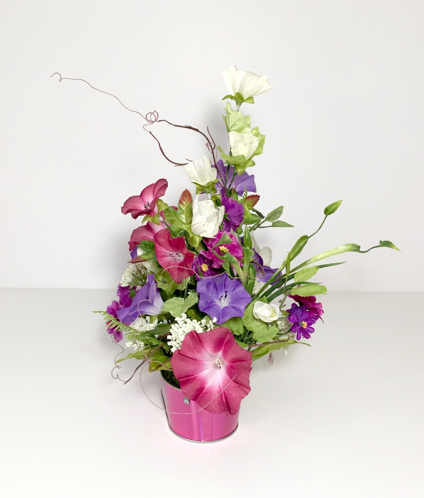 SMALL VARIETY FLORAL ARRANGEMENT NEON PINK METAL TUB SUMMER FLOWERS CENTERPIECE