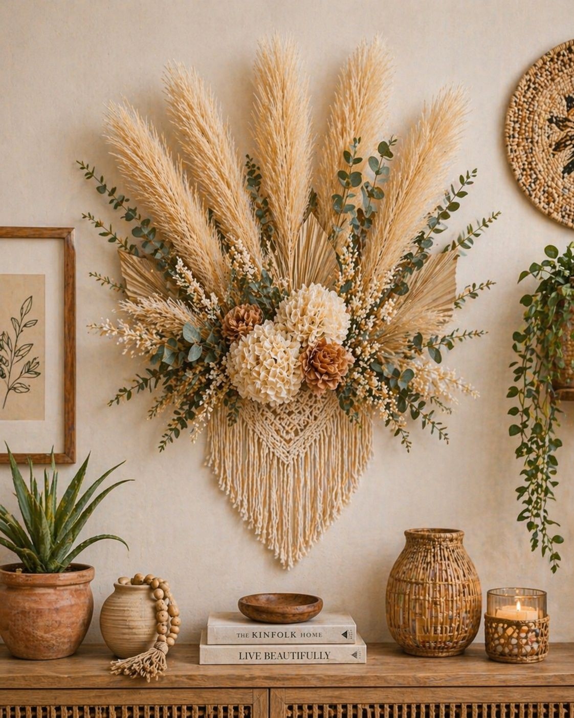 Wheat Beige Pampas Grass 3 Stem Faux Pampas Golden Beige Boho Decor Neutral Vase