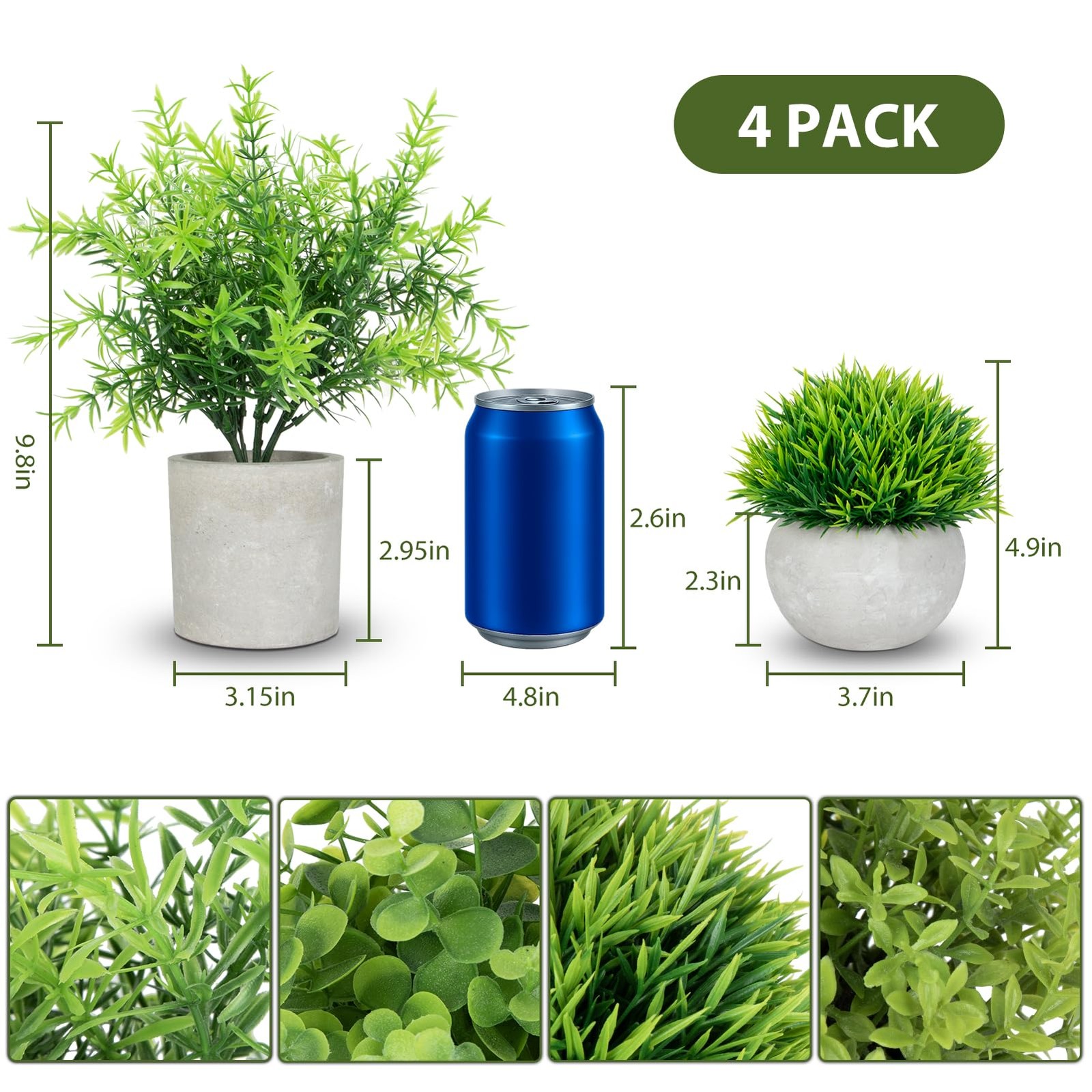 4 Pack Small Fake Plants Indoor, Mini Potted Artificial Plants Eucalyptus Ros…
