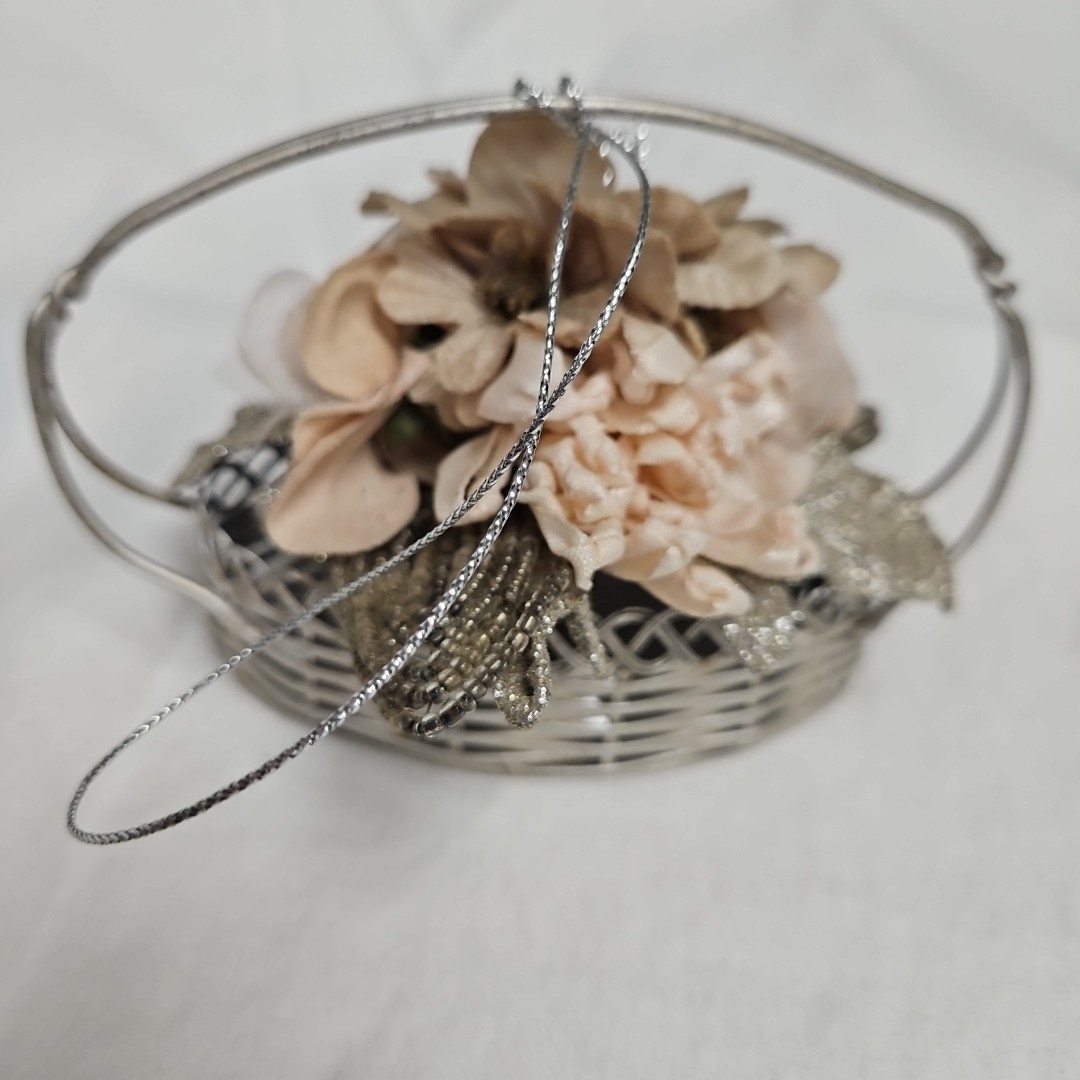 Silver Metal Flower Basket with Beaded Leaves & Velvet Flowers