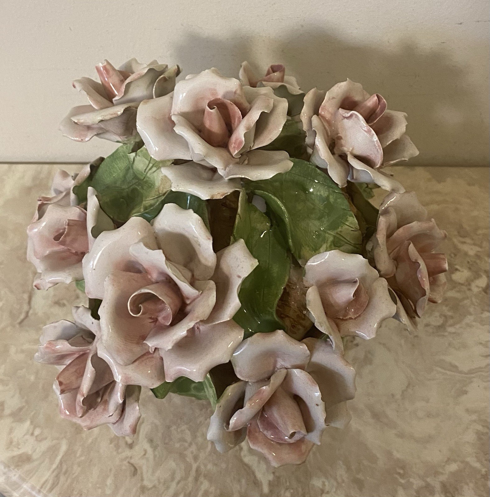 Porcelain Flower Centerpiece Capodimonte Style Italy Pink Roses 6” Tall