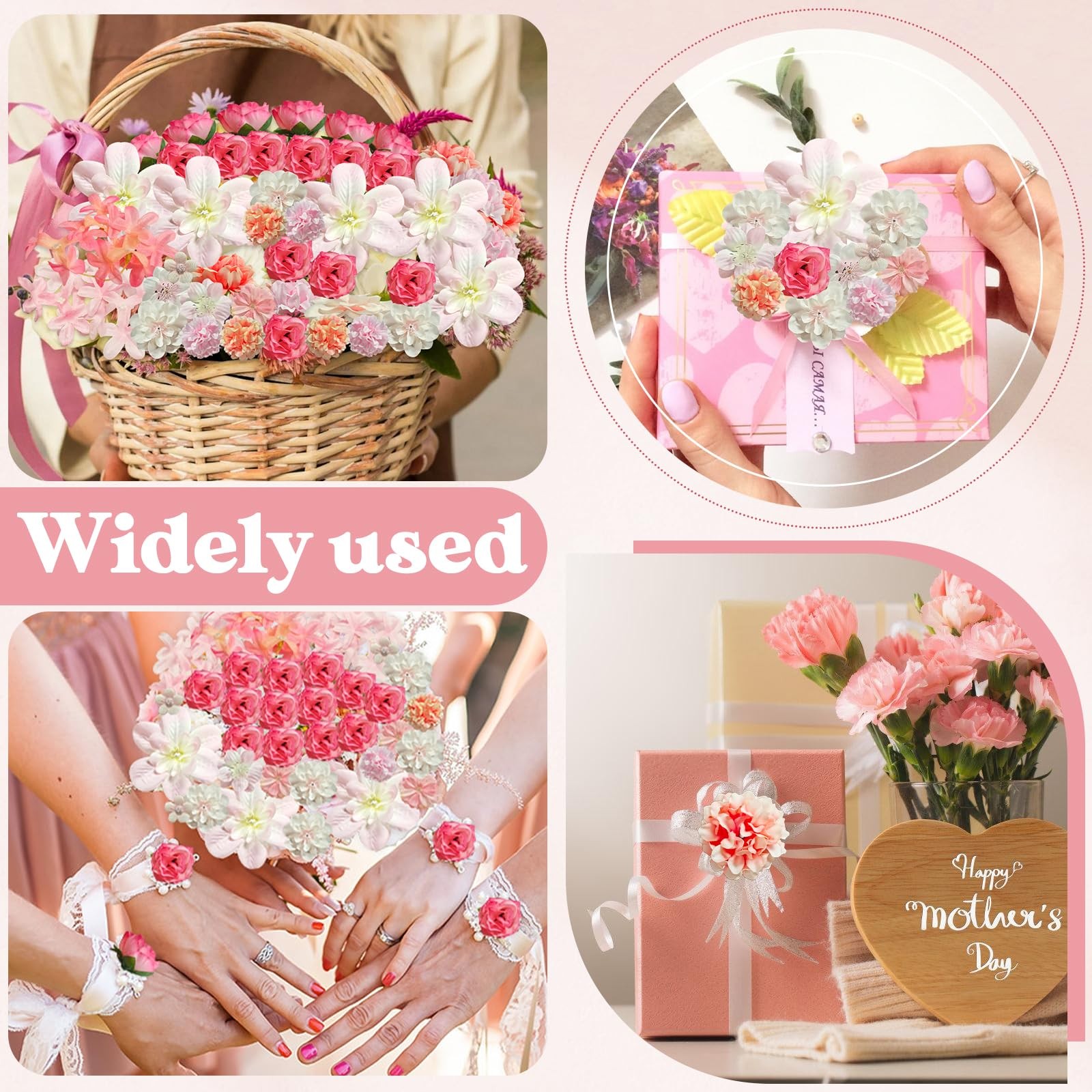 70 PCS Pink Silk Artificial Faux Fake Daisy Rose Peony Mix Flower Head Bulk