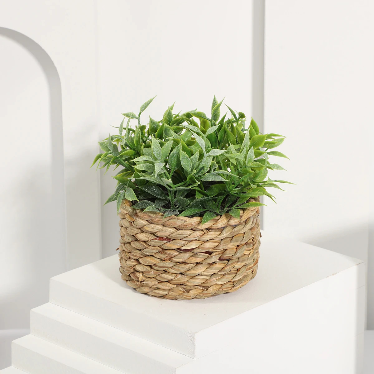 Green Artificial Eucalyptus Grass Woven Small Potted Plants 11cm PE Material Mou