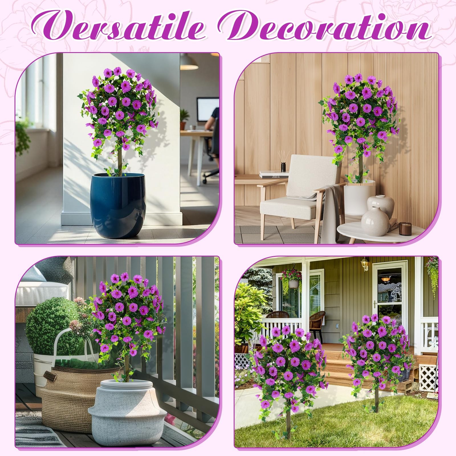 2 Pack Artificial Trees Faux Flowers 4Ft Tall Faux Morning Glory Trees with G…