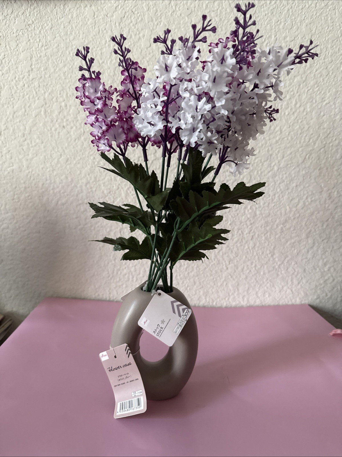 Daiso Flower Vase with Artificial Stock Flowers Purple White Floral Decor New