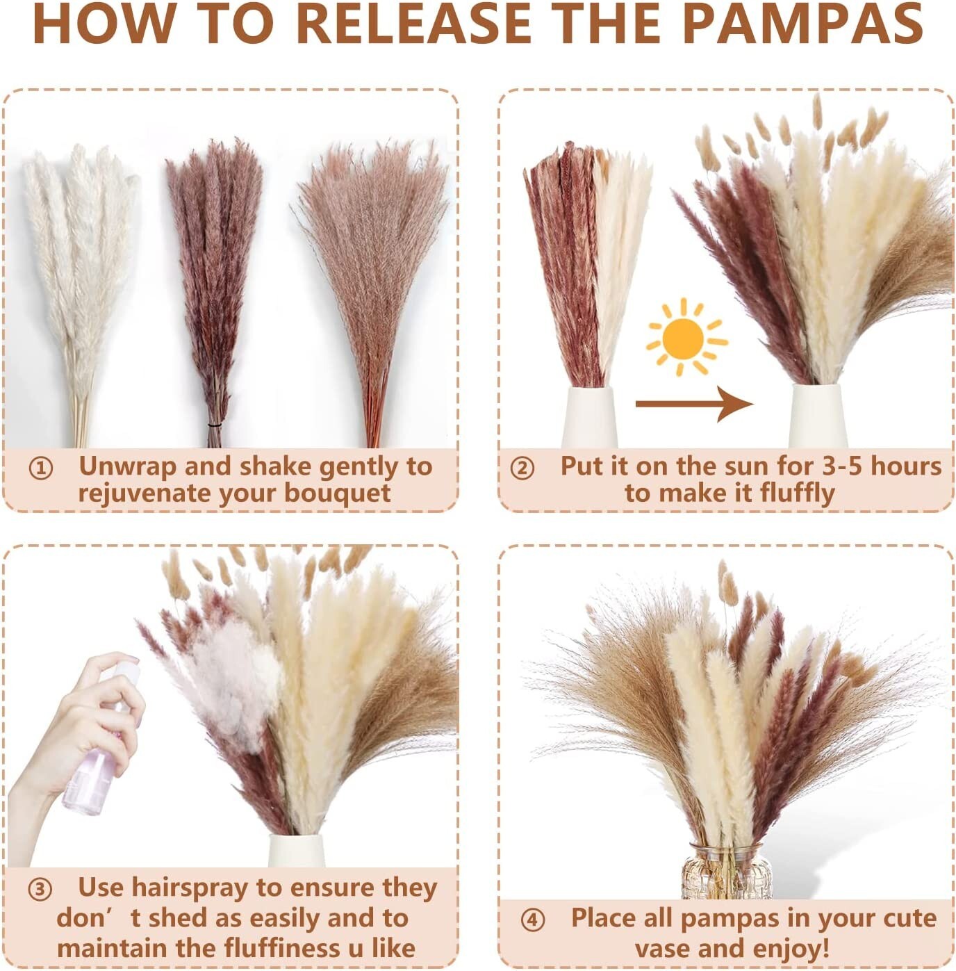 104 Pcs /11 Various Dried Pampas Grass Décor, 17″, Wedding Home Boho Bouquet